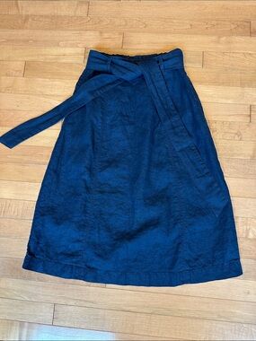 Fat Face Navy A-Line Wrap Skirt with Waist Tie 100% Linen